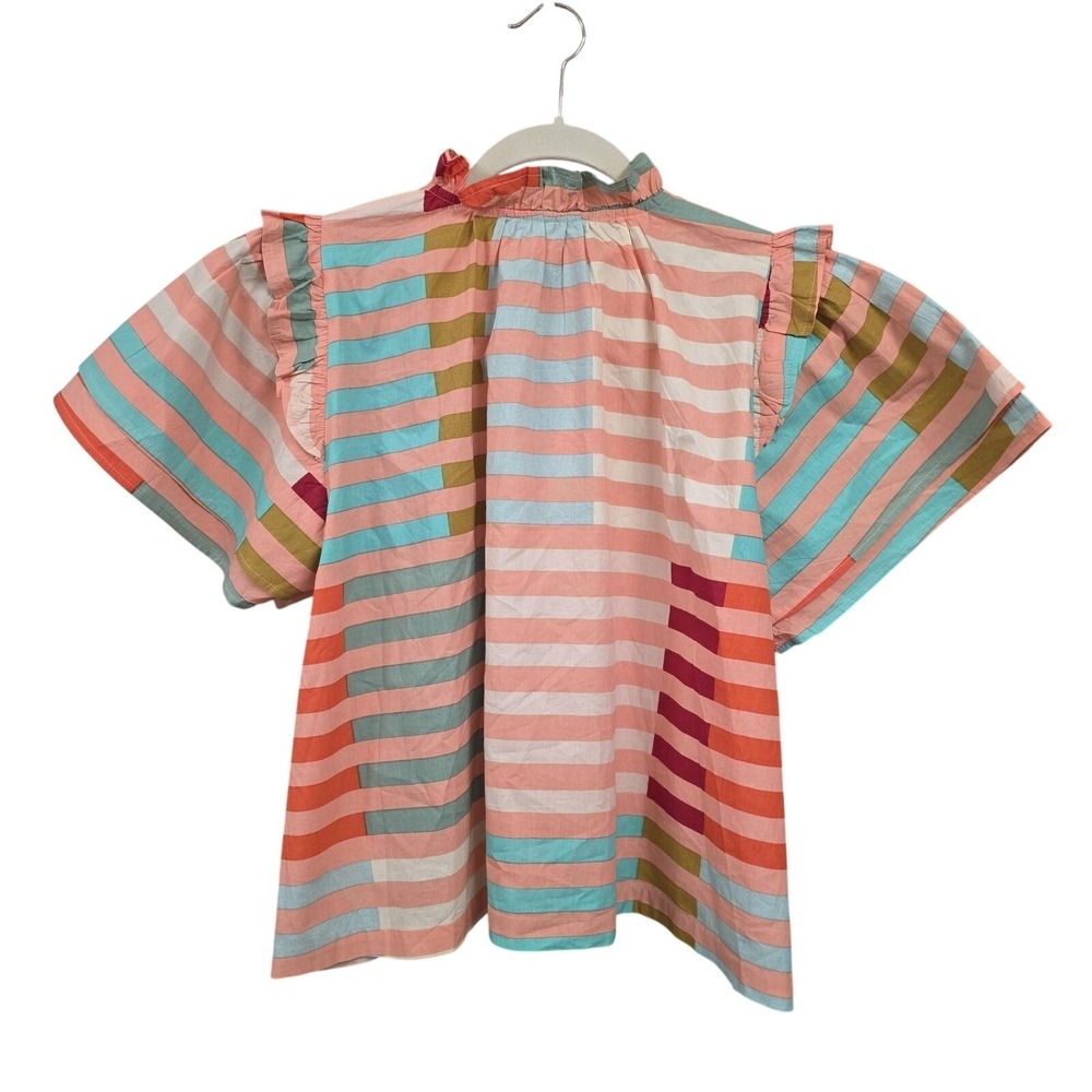 Sunshine Tienda Top Women M Artsy Stripe Ruffle Flutter Sleeve Preppy Coastal - Picture 4 of 8